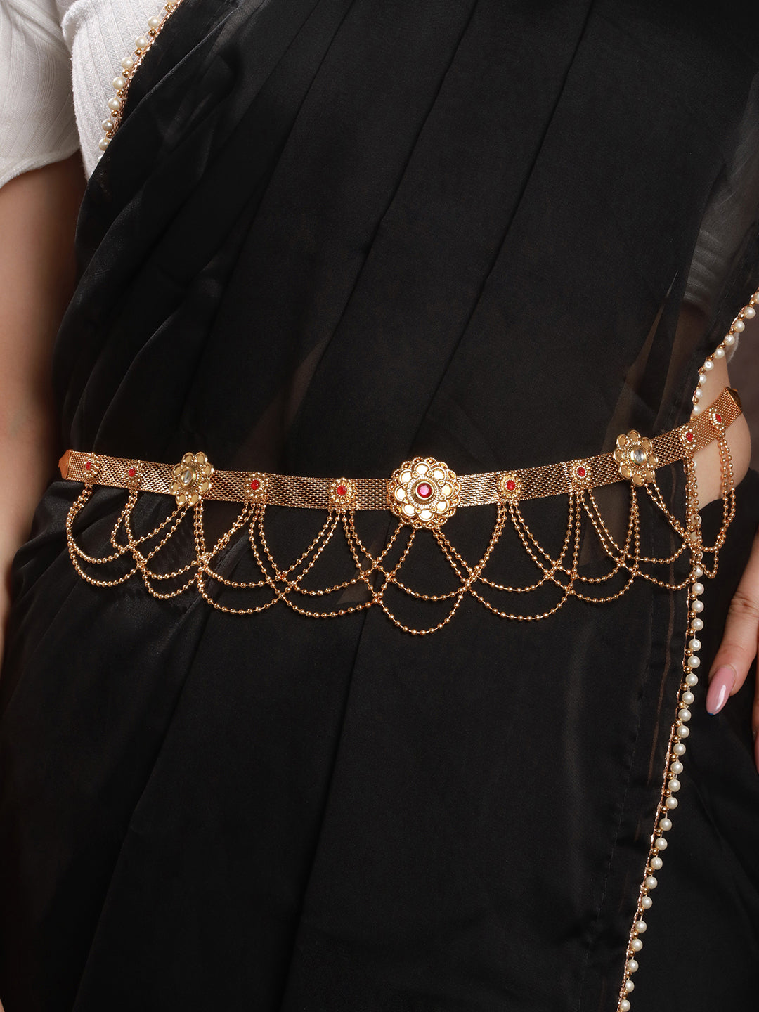 Gold Plated Red Stones Floral Waistchain Kamarbandh